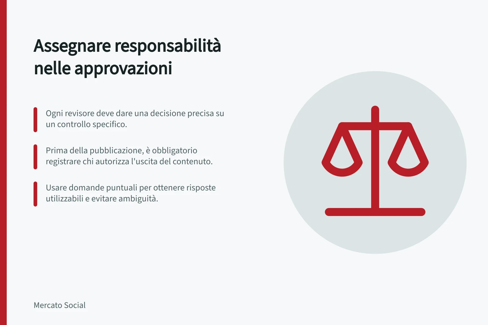 Assegnare responsabilità nelle approvazioni: Ogni revisore deve dare una decisione precisa su un controllo specifico.; Prima della pubblicazione, è obbligatorio registrare chi autorizza l'uscita del contenuto.; Usare domande puntuali per ottenere risposte utilizzabili e evitare ambiguità.