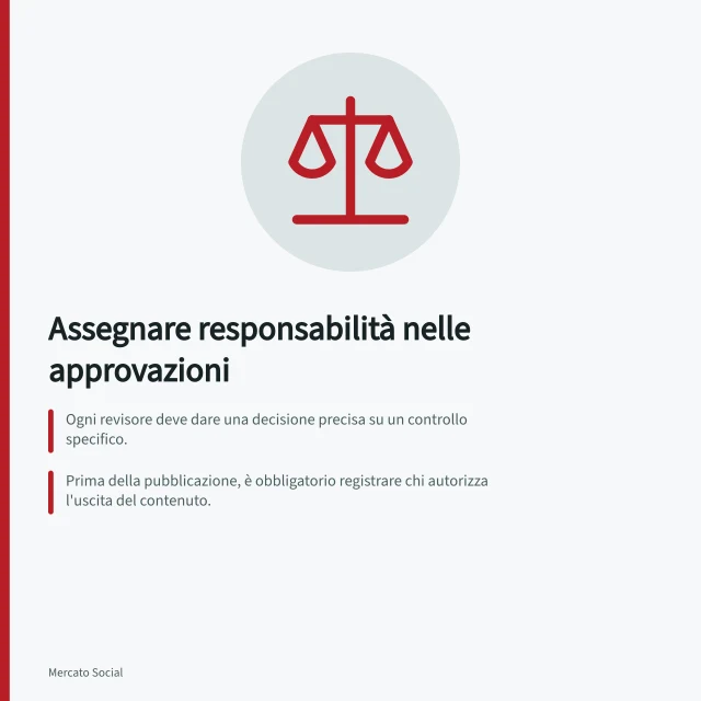 Assegnare responsabilità nelle approvazioni: Ogni revisore deve dare una decisione precisa su un controllo specifico.; Prima della pubblicazione, è obbligatorio registrare chi autorizza l'uscita del contenuto.; Usare domande puntuali per ottenere risposte utilizzabili e evitare ambiguità. Assegnare responsabilità alle approvazioni