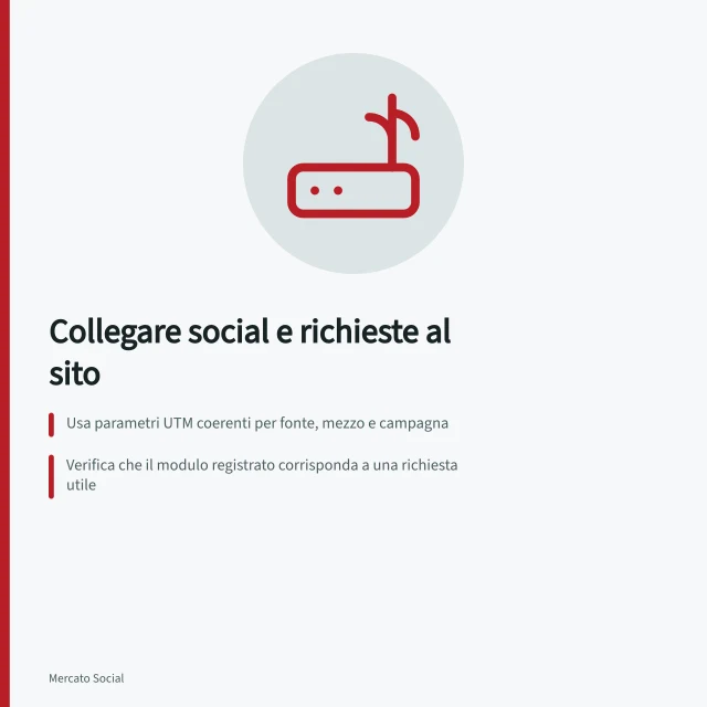 Collegare social e richieste al sito: Usa parametri UTM coerenti per fonte, mezzo e campagna; Verifica che il modulo registrato corrisponda a una richiesta utile; Controlla che sessioni e clic siano allineati in Google Analytics. Collegare visite social e richieste al sito