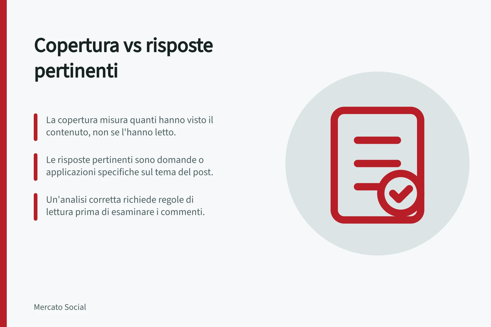 Copertura vs risposte pertinenti: La copertura misura quanti hanno visto il contenuto, non se l'hanno letto.; Le risposte pertinenti sono domande o applicazioni specifiche sul tema del post.; Un'analisi corretta richiede regole di lettura prima di esaminare i commenti.