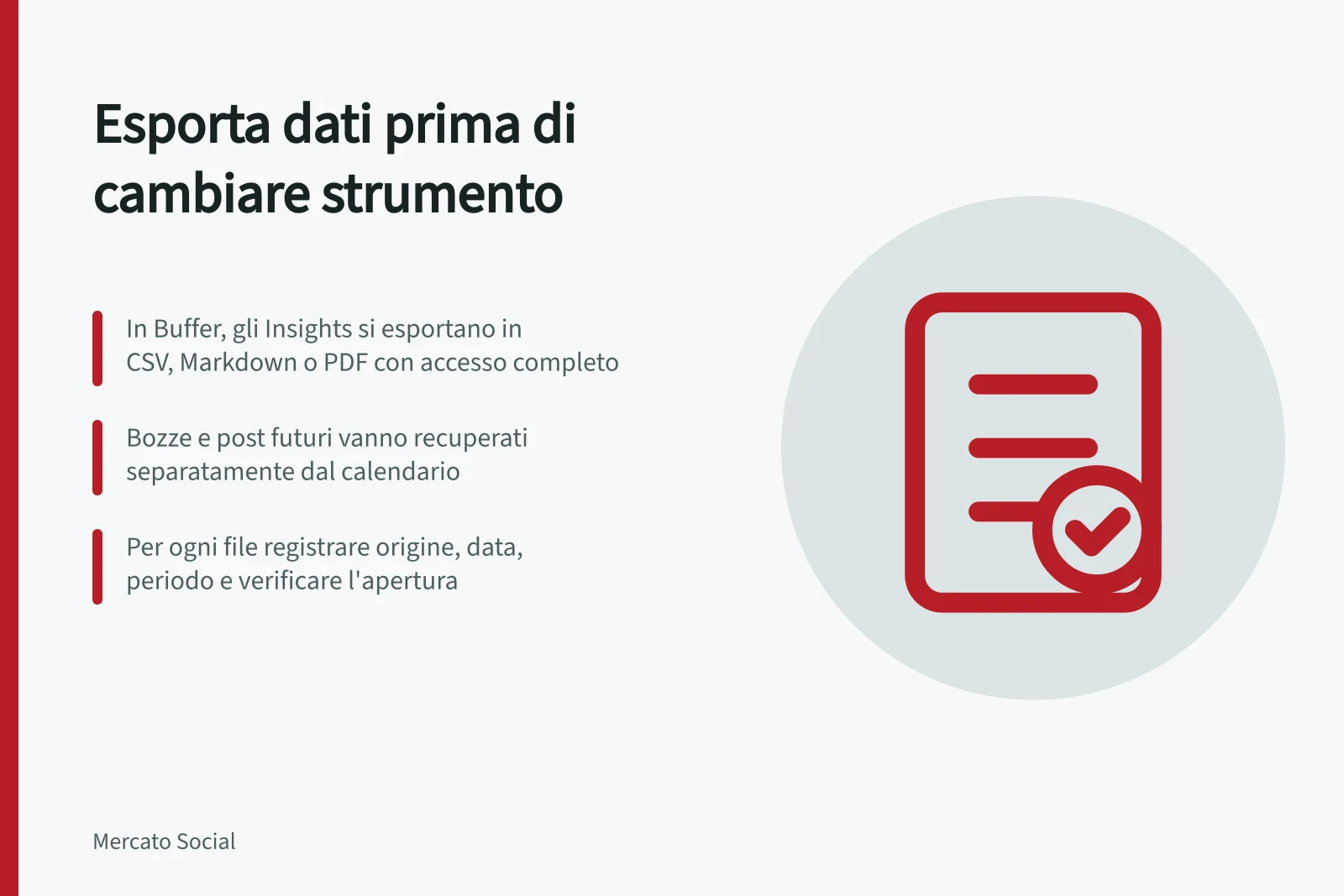 Esporta dati prima di cambiare strumento: In Buffer, gli Insights si esportano in CSV, Markdown o PDF con accesso completo; Bozze e post futuri vanno recuperati separatamente dal calendario; Per ogni file registrare origine, data, periodo e verificare l'apertura