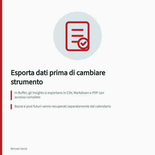 Esporta dati prima di cambiare strumento: In Buffer, gli Insights si esportano in CSV, Markdown o PDF con accesso completo; Bozze e post futuri vanno recuperati separatamente dal calendario; Per ogni file registrare origine, data, periodo e verificare l'apertura. Esportare materiali e dati prima di cambiare strumento