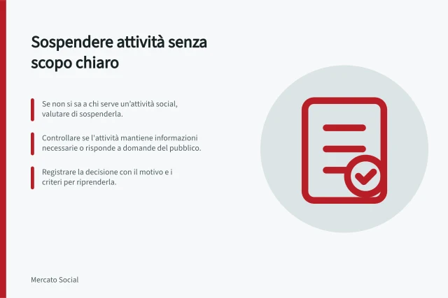 Sospendere attività senza scopo chiaro: Se non si sa a chi serve un’attività social, valutare di sospenderla.; Controllare se l'attività mantiene informazioni necessarie o risponde a domande del pubblico.; Registrare la decisione con il motivo e i criteri per riprenderla. Interrompere attività prive di un obiettivo chiaro
