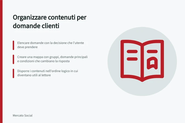 Organizzare contenuti per domande clienti: Elencare domande con la decisione che l'utente deve prendere; Creare una mappa con gruppi, domande principali e condizioni che cambiano la risposta; Disporre i contenuti nell'ordine logico in cui diventano utili al lettore. Organizzare i contenuti intorno alle domande dei clienti