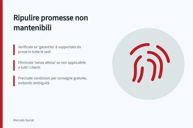 Ripulire promesse non mantenibili: Verificate se 'garantito' è supportato da prove in tutte le sedi; Eliminate 'senza attesa' se non applicabile a tutti i clienti; Precisate condizioni per consegne gratuite, evitando ambiguità. Rimuovere promesse che il brand non può sostenere