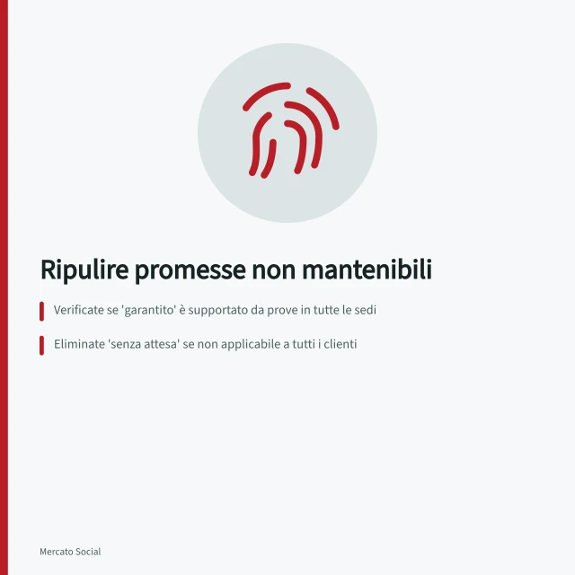 Ripulire promesse non mantenibili: Verificate se 'garantito' è supportato da prove in tutte le sedi; Eliminate 'senza attesa' se non applicabile a tutti i clienti; Precisate condizioni per consegne gratuite, evitando ambiguità. Rimuovere promesse che il brand non può sostenere