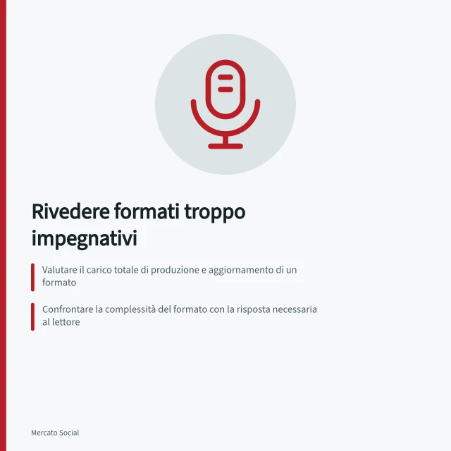 Rivedere formati troppo impegnativi: Valutare il carico totale di produzione e aggiornamento di un formato; Confrontare la complessità del formato con la risposta necessaria al lettore; Preparare una versione semplificata e verificarne correttezza e chiarezza. Rivedere formati che richiedono troppo lavoro
