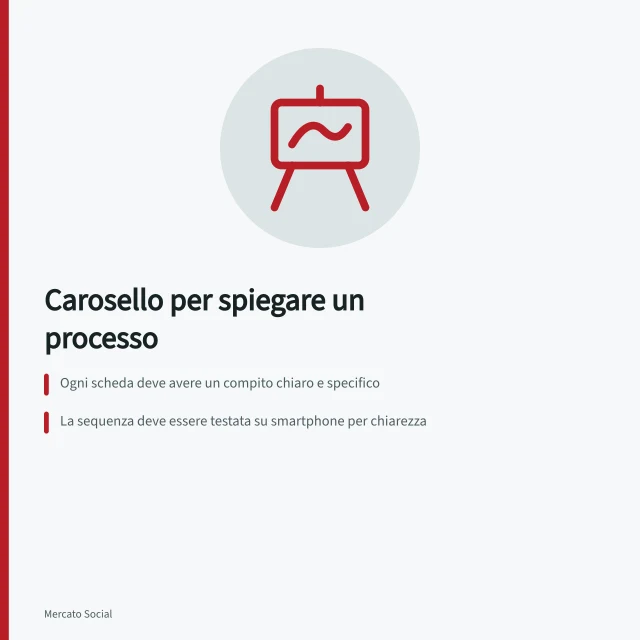 Carosello per spiegare un processo: Ogni scheda deve avere un compito chiaro e specifico; La sequenza deve essere testata su smartphone per chiarezza; Un test editoriale con utenti reali verifica l'efficacia. Scegliere un carosello per spiegare un processo
