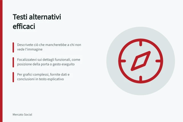 Testi alternativi efficaci: Descrivete ciò che mancherebbe a chi non vede l'immagine; Focalizzatevi sui dettagli funzionali, come posizione della porta o gesto eseguito; Per grafici complessi, fornite dati e conclusioni in testo esplicativo. Scrivere testi alternativi descrittivi