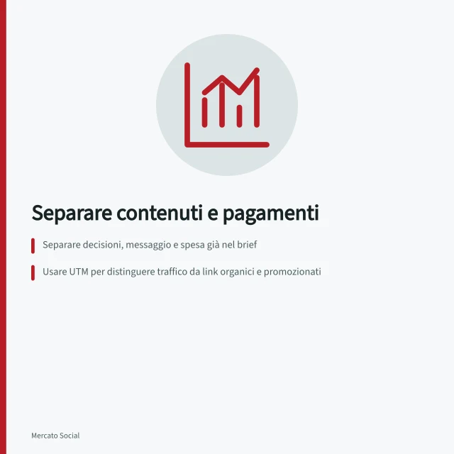 Separare contenuti e pagamenti: Separare decisioni, messaggio e spesa già nel brief; Usare UTM per distinguere traffico da link organici e promozionati; Confrontare report con periodo organico, pagato e post-promozione. Separare contenuti organici e campagne a pagamento