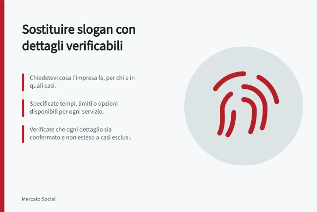 Sostituire slogan con dettagli verificabili: Chiedetevi cosa l'impresa fa, per chi e in quali casi.; Specificate tempi, limiti o opzioni disponibili per ogni servizio.; Verificate che ogni dettaglio sia confermato e non esteso a casi esclusi. Sostituire slogan generici con dettagli verificabili