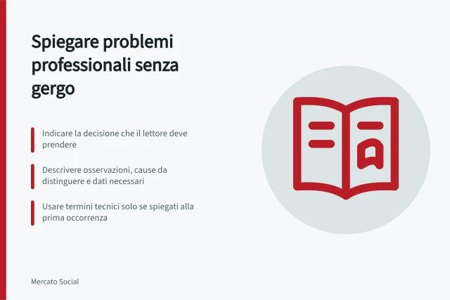 Spiegare problemi professionali senza gergo: Indicare la decisione che il lettore deve prendere; Descrivere osservazioni, cause da distinguere e dati necessari; Usare termini tecnici solo se spiegati alla prima occorrenza. Spiegare un problema professionale senza gergo inutile