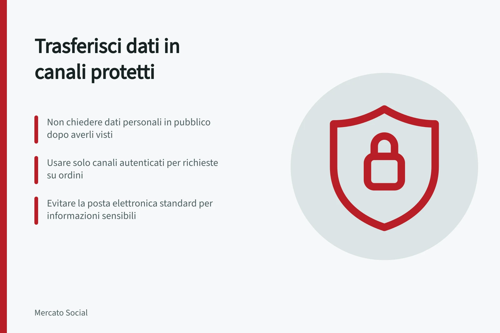 Trasferisci dati in canali protetti: Non chiedere dati personali in pubblico dopo averli visti; Usare solo canali autenticati per richieste su ordini; Evitare la posta elettronica standard per informazioni sensibili