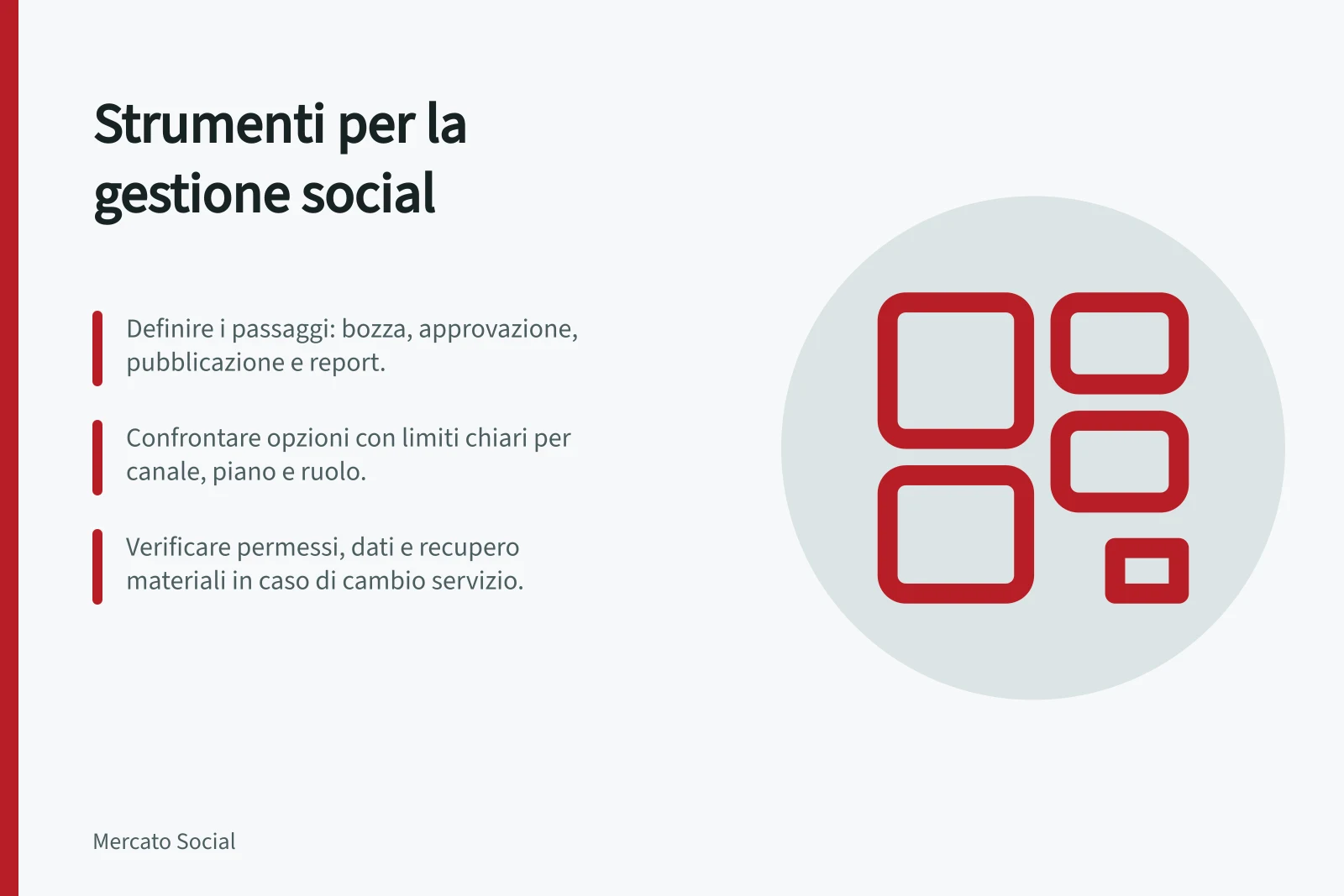 Strumenti per la gestione social: Definire i passaggi: bozza, approvazione, pubblicazione e report.; Confrontare opzioni con limiti chiari per canale, piano e ruolo.; Verificare permessi, dati e recupero materiali in caso di cambio servizio.