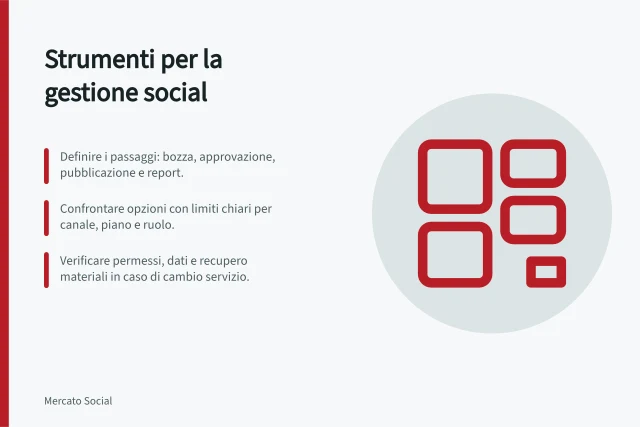 Strumenti per la gestione social: Definire i passaggi: bozza, approvazione, pubblicazione e report.; Confrontare opzioni con limiti chiari per canale, piano e ruolo.; Verificare permessi, dati e recupero materiali in caso di cambio servizio. Strumenti per la gestione social