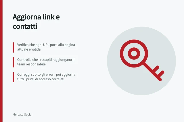 Aggiorna link e contatti: Verifica che ogni URL porti alla pagina attuale e valida; Controlla che i recapiti raggiungano il team responsabile; Correggi subito gli errori, poi aggiorna tutti i punti di accesso correlati. Tenere aggiornati link e contatti