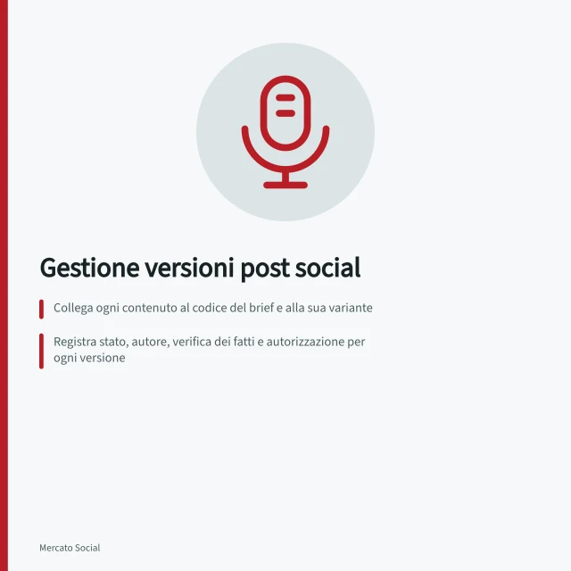 Gestione versioni post social: Collega ogni contenuto al codice del brief e alla sua variante; Registra stato, autore, verifica dei fatti e autorizzazione per ogni versione; Confronta anteprima con registro prima della pubblicazione. Tenere traccia delle versioni corrette dei post social
