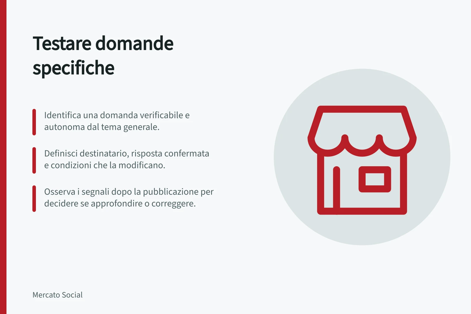 Testare domande specifiche: Identifica una domanda verificabile e autonoma dal tema generale.; Definisci destinatario, risposta confermata e condizioni che la modificano.; Osserva i segnali dopo la pubblicazione per decidere se approfondire o correggere.