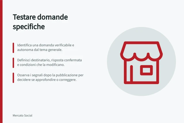 Testare domande specifiche: Identifica una domanda verificabile e autonoma dal tema generale.; Definisci destinatario, risposta confermata e condizioni che la modificano.; Osserva i segnali dopo la pubblicazione per decidere se approfondire o correggere. Testare un argomento più specifico