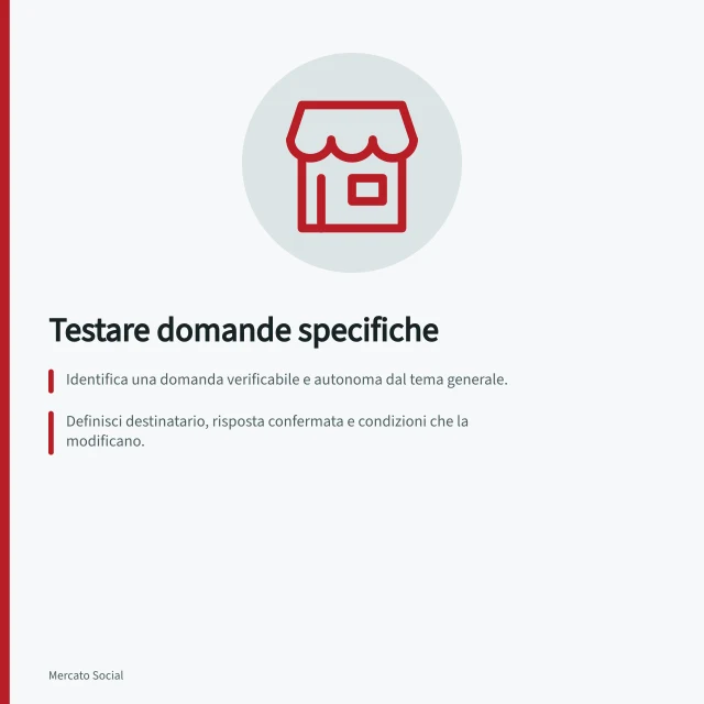 Testare domande specifiche: Identifica una domanda verificabile e autonoma dal tema generale.; Definisci destinatario, risposta confermata e condizioni che la modificano.; Osserva i segnali dopo la pubblicazione per decidere se approfondire o correggere. Testare un argomento più specifico