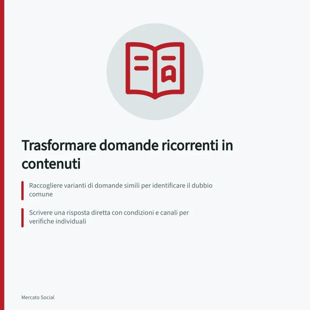 Trasformare domande ricorrenti in contenuti: Raccogliere varianti di domande simili per identificare il dubbio comune; Scrivere una risposta diretta con condizioni e canali per verifiche individuali; Pubblicare su pagine stabili e aggiornarle con revisioni periodiche. Trasformare domande ricorrenti in contenuti