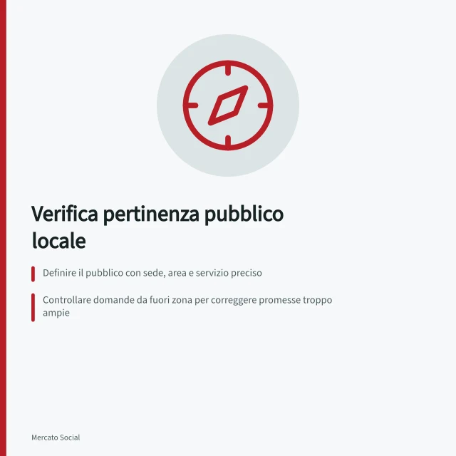 Verifica pertinenza pubblico locale: Definire il pubblico con sede, area e servizio preciso; Controllare domande da fuori zona per correggere promesse troppo ampie; Usare dati Google come contesto, non prova di visita in negozio. Verificare che il pubblico raggiunto sia pertinente