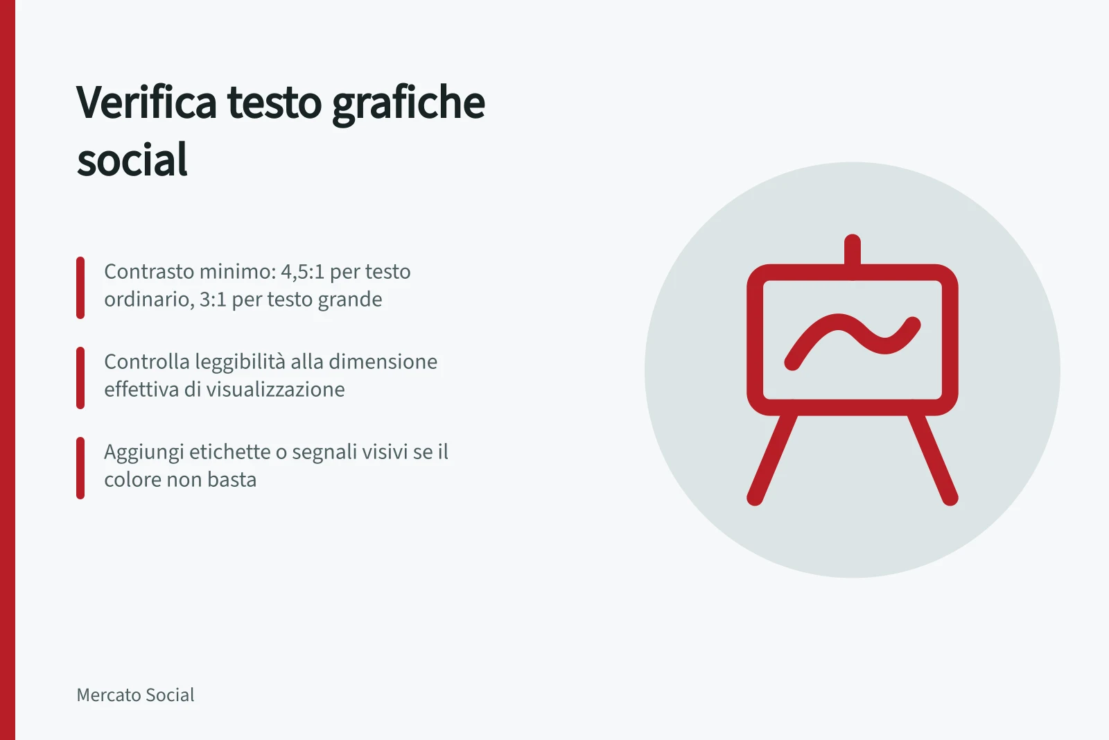 Verifica testo grafiche social: Contrasto minimo: 4,5:1 per testo ordinario, 3:1 per testo grande; Controlla leggibilità alla dimensione effettiva di visualizzazione; Aggiungi etichette o segnali visivi se il colore non basta